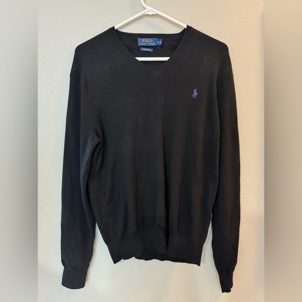 Ralph Lauren Polo Sweater Mens Med Black V Neck Pima Cotton Pullover Purple Pony